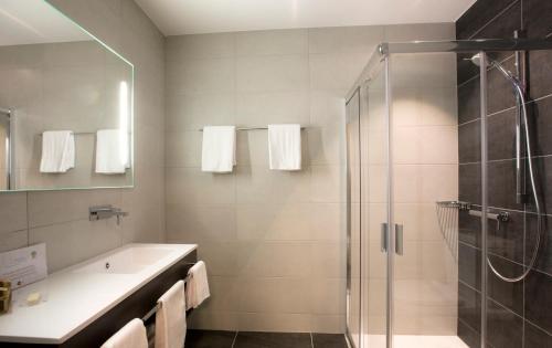 a bathroom with a shower and a sink at Martigny Boutique-Hôtel in Martigny-Ville