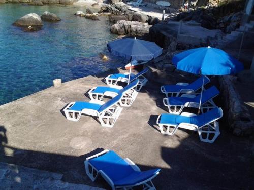 a group of blue chairs and umbrellas on a beach at Apartments Rašica Molunat in Molunat