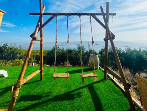 two swings in a yard with green grass at נוף המצוק in Poriyya Illit