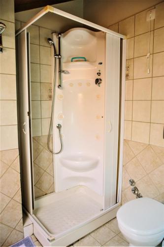 a shower stall with a toilet in a bathroom at Grand Hotel Dentro in Konitsa