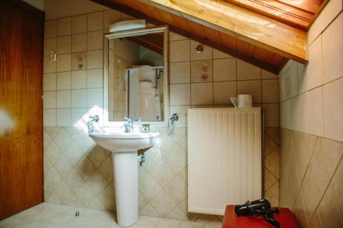 a bathroom with a sink and a mirror at Grand Hotel Dentro in Konitsa