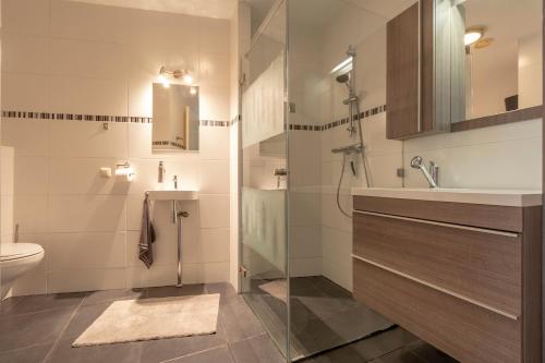 La salle de bains est pourvue d'une douche, de toilettes et d'un lavabo. dans l'établissement Residence Juliana appartement 53 -Julianadorp aan zee, à Julianadorp