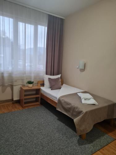 a bedroom with a bed and a large window at Garni hotel Alma in Pirot