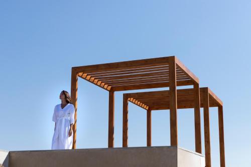 eine Statue einer Frau, die auf einem Gebäude steht in der Unterkunft Pristine Seaview Villa , with 5-Star Resort Access in Faliraki