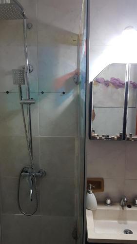 una ducha con una puerta de cristal junto a un lavabo en Cabañas La Polaca 1 en Santa Clara del Mar