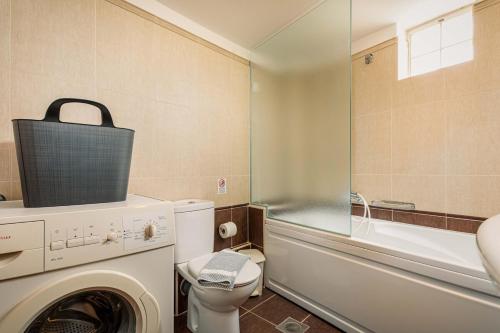 a bathroom with a washing machine and a toilet at Mikra Anogia Villas in Rethymno Town