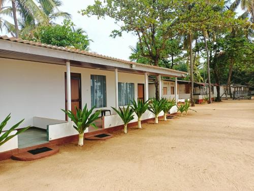 a row of houses with palm trees in front of them at French garden Pragash Beach Hotel in Trincomalee