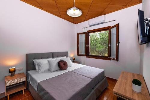 Un dormitorio con una cama grande y una ventana. en Villa Avra - With Private Pool, en Melidhónion