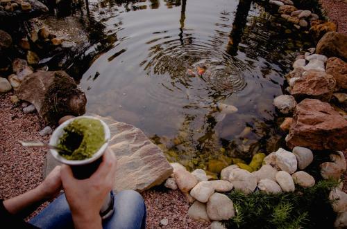 a person sitting on a rock looking at a kite in the water at Refúgio do Caracol Pipas e Chalés in Canela