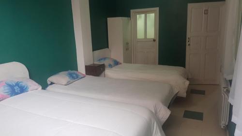 3 camas en una habitación con paredes verdes en Residencial Hinojosa, en Oruro