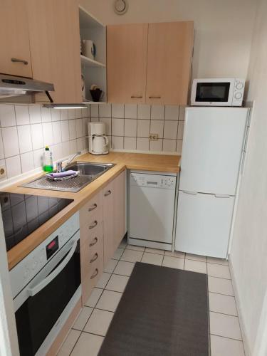 a small kitchen with a white refrigerator and a sink at Ankerplatz in Wendtorf