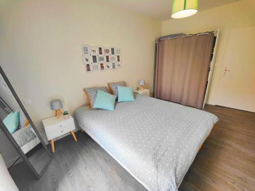 a bedroom with a large bed with blue pillows at Agréable T2 neuf -le DÔME- in Riom