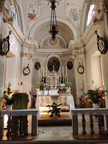 a church with a altar with potted plants in it at Casa Zefìra in Feltre