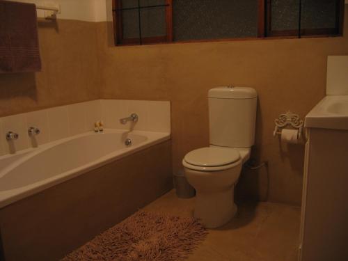 a bathroom with a toilet and a tub and a sink at Karoo Huis in Arniston