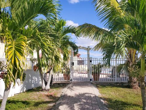 a white fence with palm trees and a pathway at Captain's Table Hotel by Everglades Adventures in Everglades City