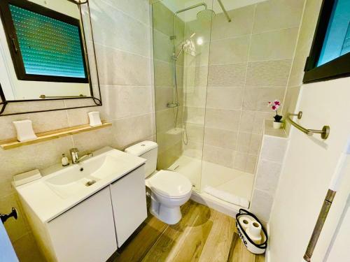 ein Bad mit einem Waschbecken, einem WC und einer Dusche in der Unterkunft casabeau village viva in Le Gosier