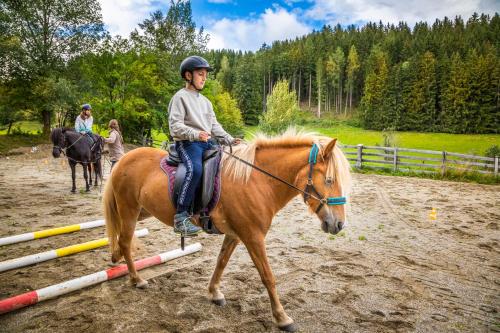 a young child riding on the back of a horse at Biobauernhof Tonimörtl in Mariapfarr
