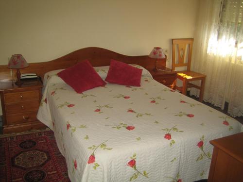 a bedroom with a large bed with red pillows at Hotel Chola in Dorna