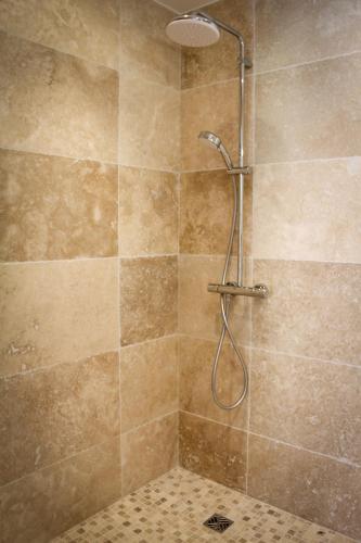 une douche avec pommeau de douche dans une salle de bain dans l'établissement L'Orée du Marais, à Bulles