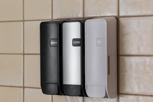 two sony blasters are sitting on a wall at Harbor Lite Lodge in Fort Bragg