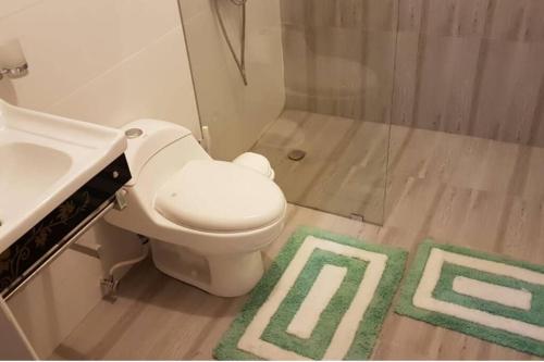 a bathroom with a toilet and a sink and a shower at Moderno Apartamento amueblado Full 3 habitaciones, wifi, Netflix in Santiago de los Caballeros