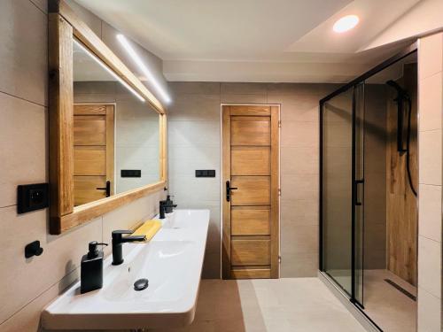 a bathroom with a sink and a shower at Apartmány Panorama Harrachov in Harrachov