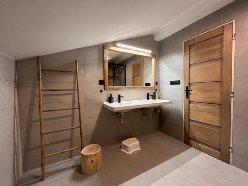 a bathroom with a sink and a ladder and a mirror at Apartmány Panorama Harrachov in Harrachov