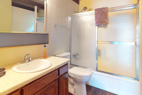 a bathroom with a shower and a toilet and a sink at Meadowlark in Joseph
