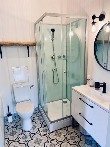 リエパーヤにあるOlive Apartmentのシャワー、トイレ、洗面台を備えたバスルーム