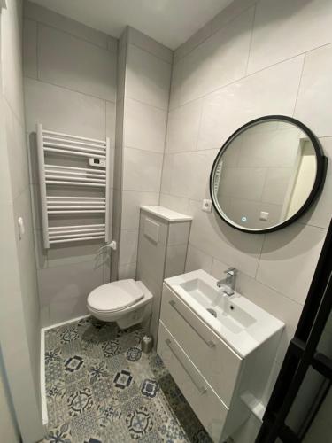 W łazience znajduje się biała toaleta i lustro. w obiekcie Appartement Wimereux, plage et restaurants w mieście Wimereux