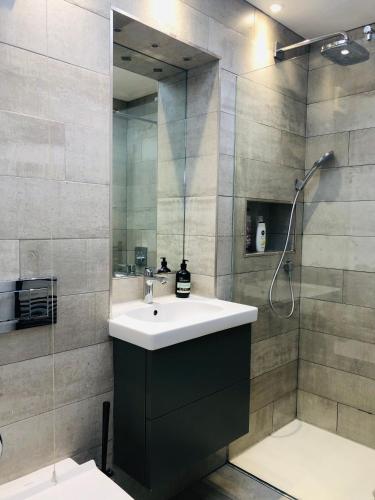 a bathroom with a sink and a shower at 2 Bedroom Garden Studio in Cambridge City Centre with Parking in Cambridge