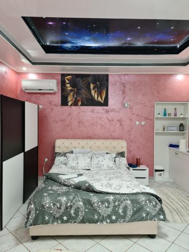 a bedroom with a bed with a pink wall at Apartman -HARMONY- in Paraćin