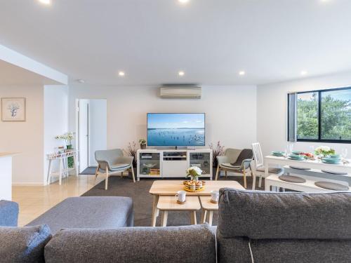 a living room with a couch and a tv at Dolphin Cove 8, 2-6 Government Rd - Air conditioning, Wi-Fi, lift, secure parking and close to town in Nelson Bay