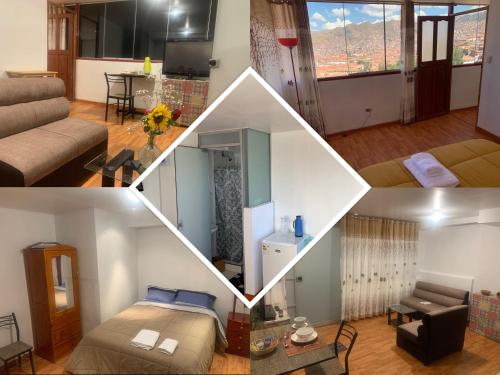 a collage of four pictures of a room at Summit Viewpoint House San Blas in Cusco