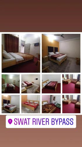 a collage of pictures of a hotel room at FR Darya E Swat Hotel in Mingora