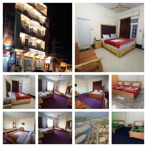 a collage of four pictures of beds in a room at FR Darya E Swat Hotel in Mingora