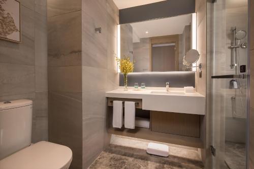 a bathroom with a toilet and a sink and a mirror at Holiday Inn - Nanjing South Station by IHG in Nanjing