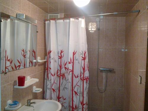 a bathroom with a shower curtain and a sink at Riad Azrou in Azrou