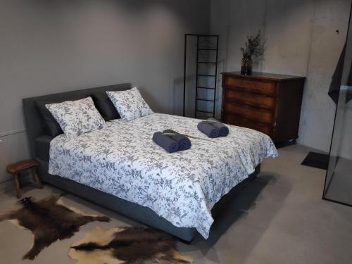 1 dormitorio con 1 cama con 2 almohadas y vestidor en VILABELA, en Sežana