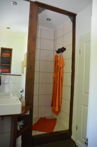 a bathroom with a shower with an orange robe at Birgits Landhaus Willingen in Willingen