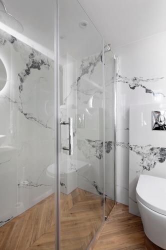 a bathroom with a glass shower and a toilet at Elite Apartments Piwna Prestige in Gdańsk