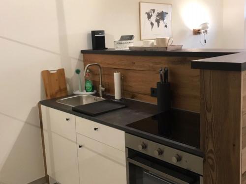 a kitchen with a sink and a counter top at Ferienwohnungen Mountainfloor - Chiemgau Karte in Inzell