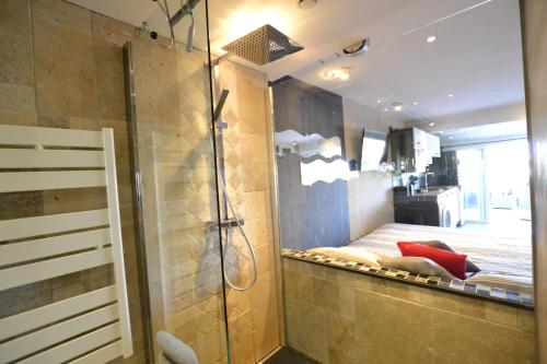 Cette chambre comprend un lit et une salle de bains pourvue d'une douche. dans l'établissement Studio Naturiste CAPTIVE Héliopolis FG 13, au Cap d'Agde