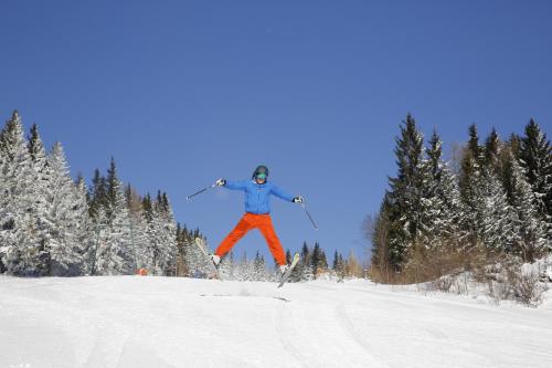 a person jumping in the air on skis in the snow at Gastwirtschaft Hold in Mönichwald