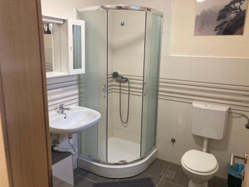 een badkamer met een douche, een toilet en een wastafel bij Relax and Explore, Alva Apartment in Solin