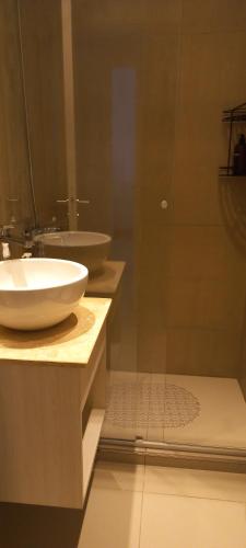 La salle de bains est pourvue d'un lavabo et d'une douche en verre. dans l'établissement Departamento con terraza propia Río Cuarto, à Río Cuarto