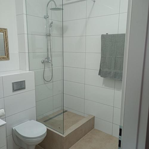 uma casa de banho com um chuveiro e um WC. em Apartament Centrum Szczytno III em Szczytno
