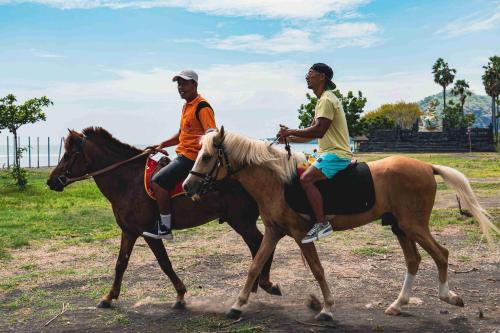 two men riding on horses in a field at Kubuku Eco Dive Lodge and Yoga in Pemuteran