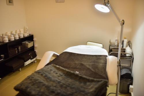 a hospital room with a bed and a lamp at Zámek Kamenný Dvůr in Kynšperk nad Ohří