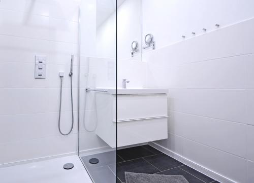 ヘリングスドルフにあるHohe Buchen Apartment 1の白いバスルーム(シャワー、シンク付)